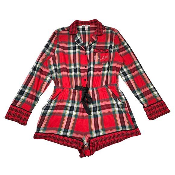 Victoria's Secret Elsa Red Plaid Flannel Sleep Romper SZ M Lounge Christmas - Picture 16 of 16